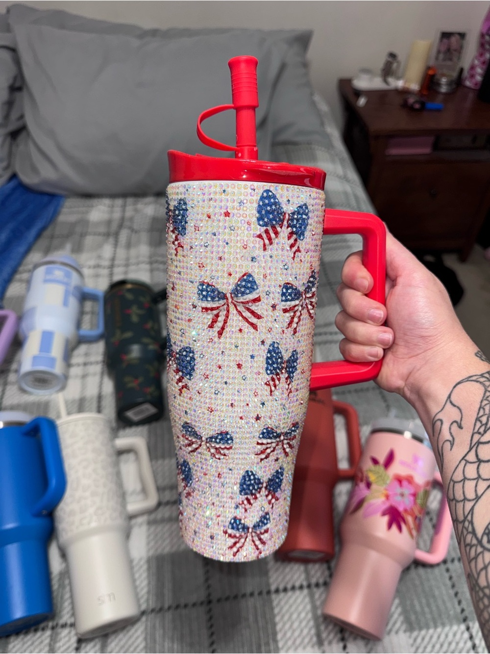 Patriotic Rhinestone Tumbler with Straw - Red Accent